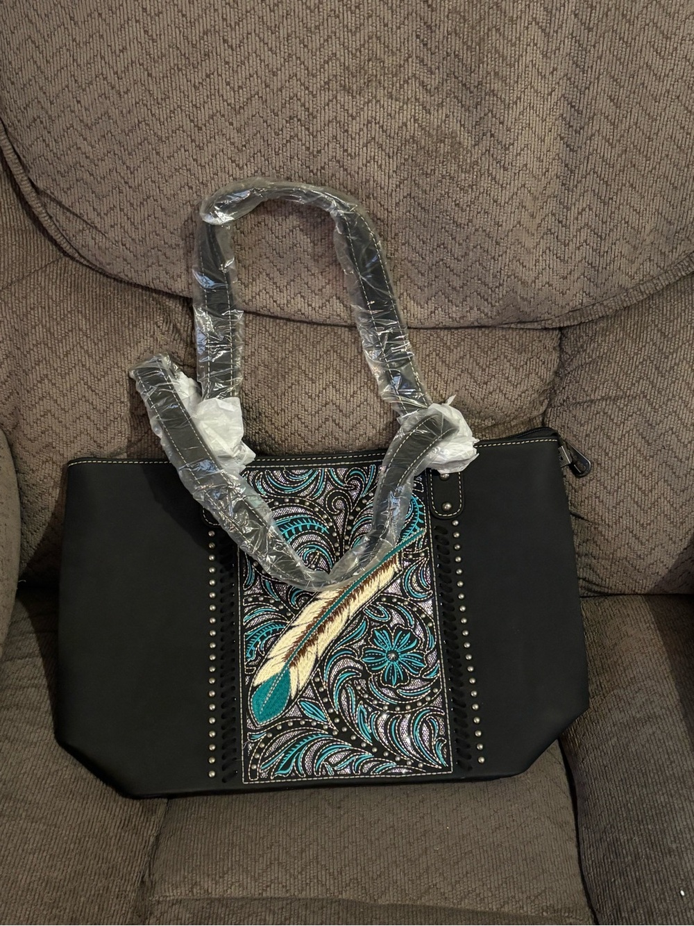 Montana West Black Tote with Teal Feather Accent